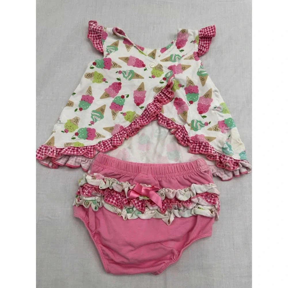 18 Months Baby Set Ice cream Cones Outfit With Cherry's. Ruffle Bottoms To Match